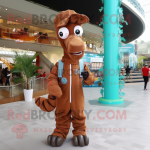 Brown Sea Horse mascot costume character dressed with a Overalls and Scarf clips