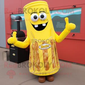 Yellow Bbq Ribs mascot costume character dressed with a Maxi Dress and Mittens