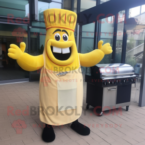 Yellow Bbq Ribs mascot costume character dressed with a Maxi Dress and Mittens
