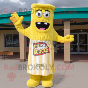 Yellow Bbq Ribs mascot costume character dressed with a Maxi Dress and Mittens