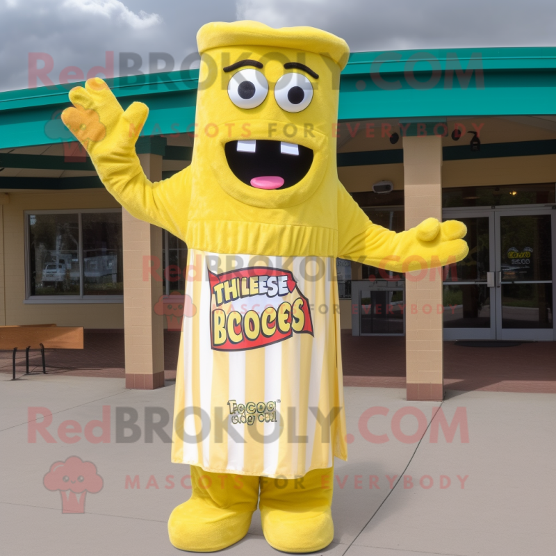 Yellow Bbq Ribs mascot costume character dressed with a Maxi Dress and Mittens Yellow Bbq Ribs mascot costume character dressed with a Maxi Dress and Mittens