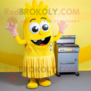 Yellow Bbq Ribs mascot costume character dressed with a Maxi Dress and Mittens