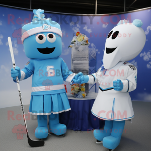 Sky Blue Ice Hockey Stick mascot costume character dressed with a Wedding Dress and Hats