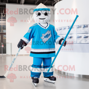 Sky Blue Ice Hockey Stick mascot costume character dressed with a Wedding Dress and Hats