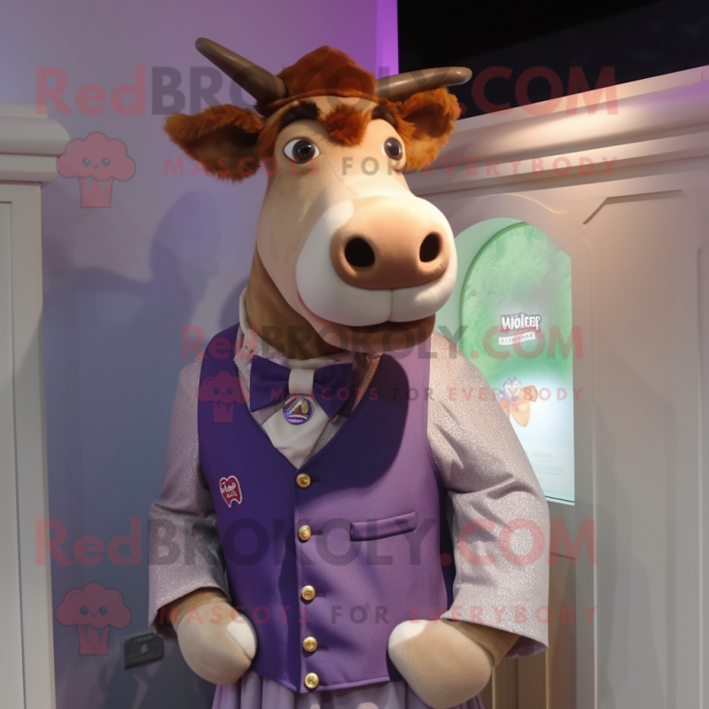 Lavender Guernsey Cow mascot costume character dressed with a Waistcoat and Lapel pins