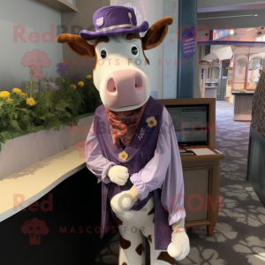 Lavender Guernsey Cow mascot costume character dressed with a Waistcoat and Lapel pins