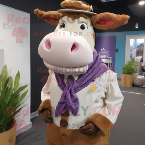 Lavender Guernsey Cow mascot costume character dressed with a Waistcoat and Lapel pins