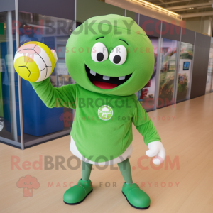 Green Volleyball Ball mascot costume character dressed with a Hoodie and Foot pads