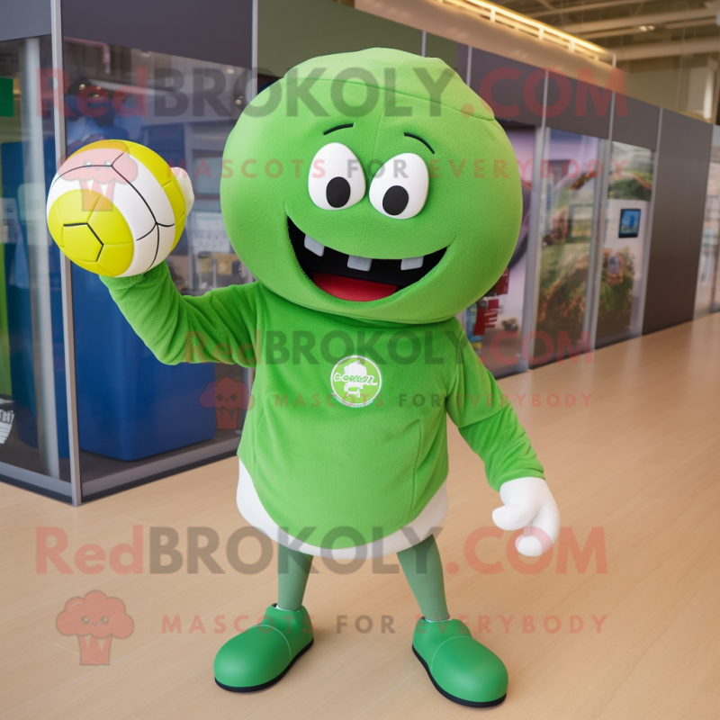 Green Volleyball Ball mascot costume character dressed with a Hoodie and Foot pads Green Volleyball Ball mascot costume character dressed with a Hoodie and Foot pads
