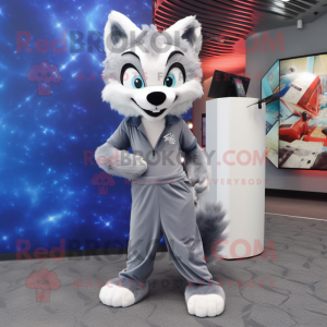 Silver Fox mascot costume character dressed with a Bodysuit and Shoe laces