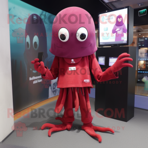 Maroon Squid mascot costume character dressed with a Culottes and Digital watches