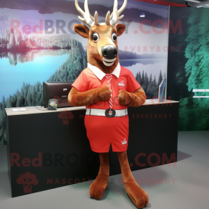 Red Deer mascot costume character dressed with a Skirt and Cufflinks