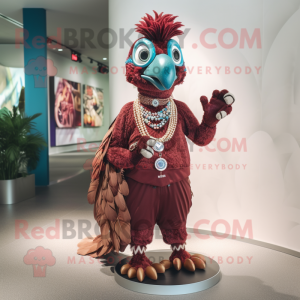 Maroon Peacock mascot costume character dressed with a Chinos and Rings