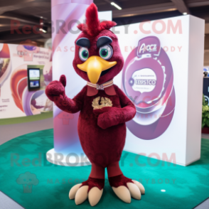 Maroon Peacock mascot costume character dressed with a Chinos and Rings