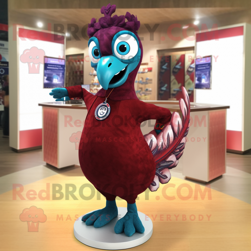 Maroon Peacock mascot costume character dressed with a Chinos and Rings