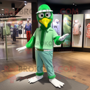 Green Albatross mascot costume character dressed with a Flare Jeans and Cummerbunds