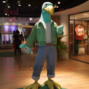 Green Albatross mascot costume character dressed with a Flare Jeans and Cummerbunds