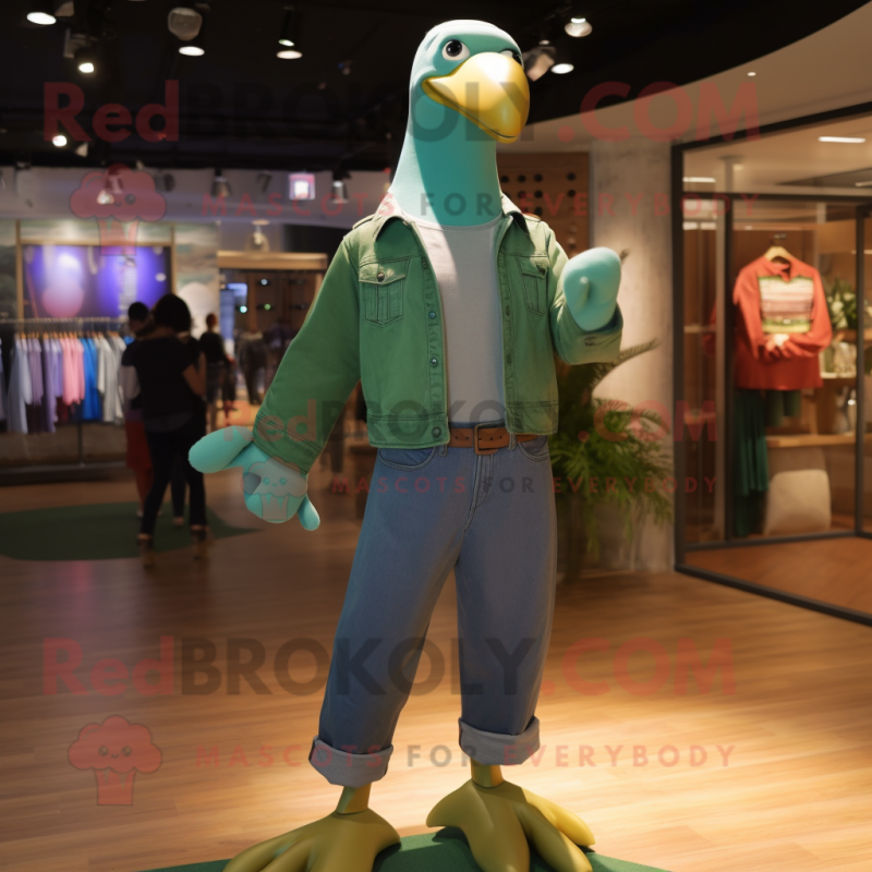 Green Albatross mascot costume character dressed with a Flare Jeans and Cummerbunds Green Albatross mascot costume character dressed with a Flare Jeans and Cummerbunds