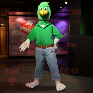 Green Albatross mascot costume character dressed with a Flare Jeans and Cummerbunds