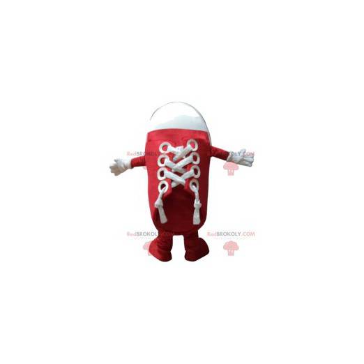 Mascote de sapato vermelho e branco. Macacão - Redbrokoly.com