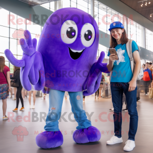 Purple Jellyfish mascot costume character dressed with a Boyfriend Jeans and Smartwatches