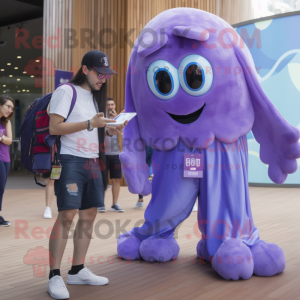 Purple Jellyfish mascot costume character dressed with a Boyfriend Jeans and Smartwatches