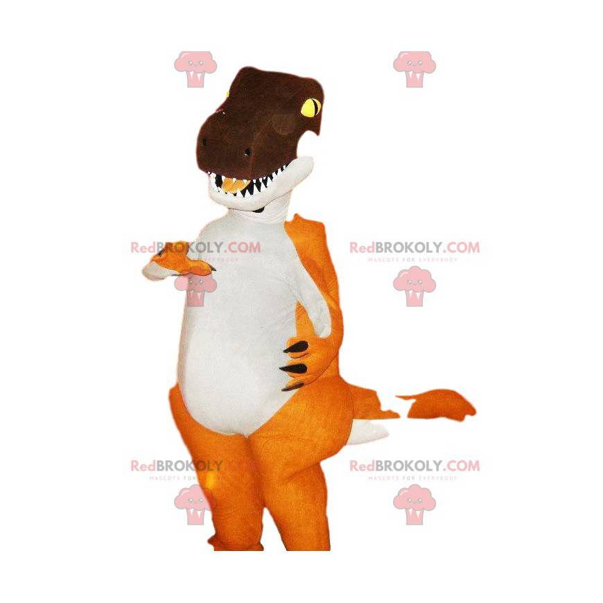 Mascotte de Tyrex orange et brun. Costume de Tyrex -