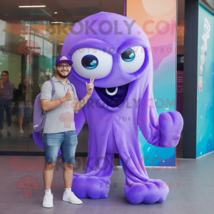 Purple Jellyfish mascot costume character dressed with a Boyfriend Jeans and Smartwatches