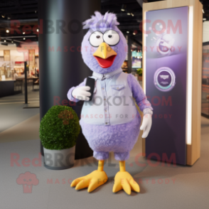 Lavender Chicken mascot costume character dressed with a Skinny Jeans and Digital watches