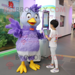 Lavender Chicken mascot costume character dressed with a Skinny Jeans and Digital watches