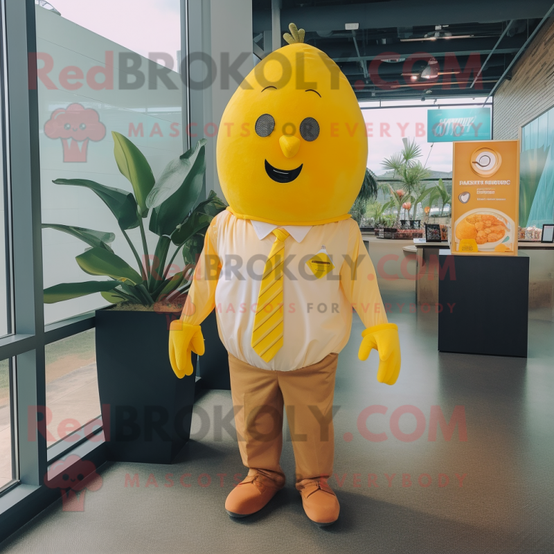 Yellow Mango mascot costume character dressed with a Dress Shirt and Tie pins Yellow Mango mascot costume character dressed with a Dress Shirt and Tie pins