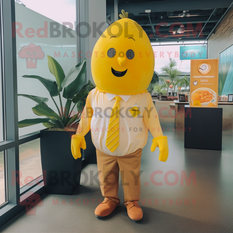 Yellow Mango mascot costume character dressed with a Dress Shirt and Tie pins