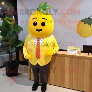 Yellow Mango mascot costume character dressed with a Dress Shirt and Tie pins