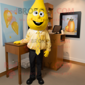 Yellow Mango mascot costume character dressed with a Dress Shirt and Tie pins