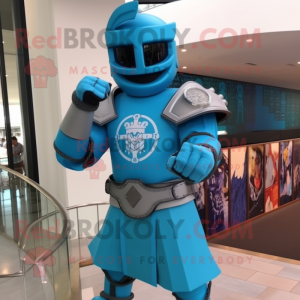 Cyan Medieval Knight mascot costume character dressed with a Leather Jacket and Bracelet watches