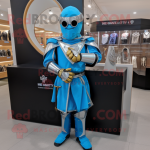 Cyan Medieval Knight mascot costume character dressed with a Leather Jacket and Bracelet watches