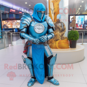 Cyan Medieval Knight mascot costume character dressed with a Leather Jacket and Bracelet watches