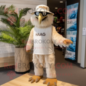 Beige Haast'S Eagle mascot costume character dressed with a Board Shorts and Hats
