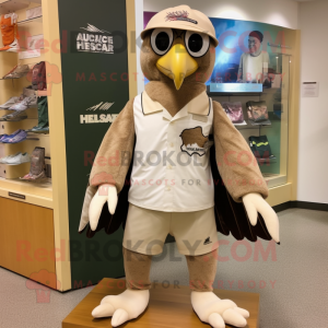 Beige Haast'S Eagle mascot costume character dressed with a Board Shorts and Hats