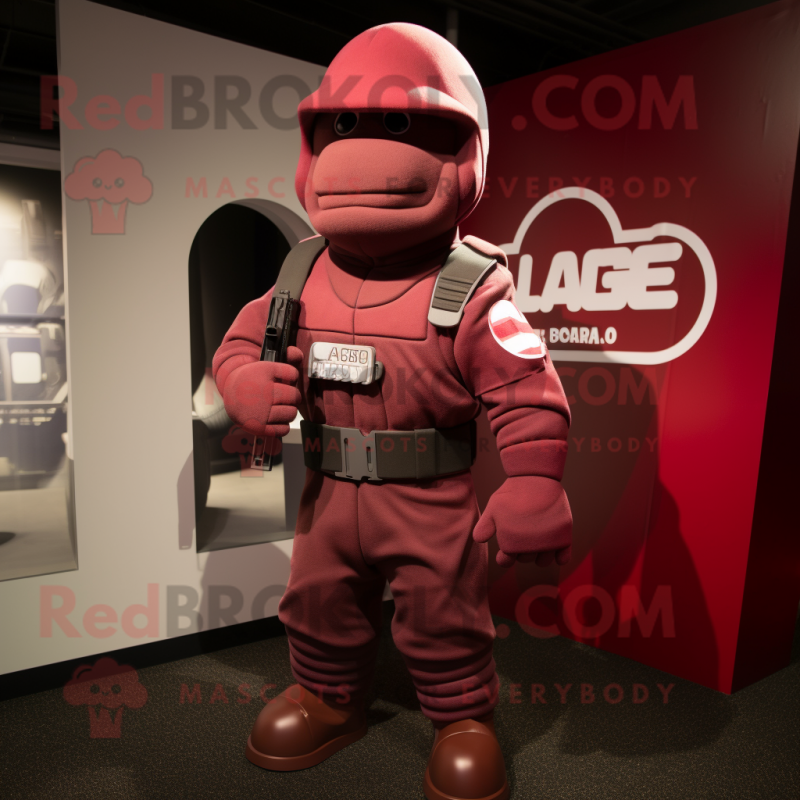 Maroon Gi Joe mascot costume character dressed with a Romper and Ties Maroon Gi Joe mascot costume character dressed with a Romper and Ties