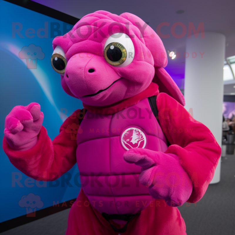 Magenta Sea Turtle mascot costume character dressed with a Turtleneck and Rings