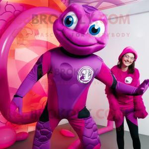 Magenta Sea Turtle mascot costume character dressed with a Turtleneck and Rings