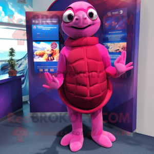 Magenta Sea Turtle mascot costume character dressed with a Turtleneck and Rings