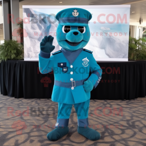 Turquoise Navy Soldier mascot costume character dressed with a Suit Pants and Beanies