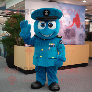 Turquoise Navy Soldier mascot costume character dressed with a Suit Pants and Beanies