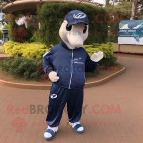 Navy Dolphin mascot costume character dressed with a Joggers and Hairpins