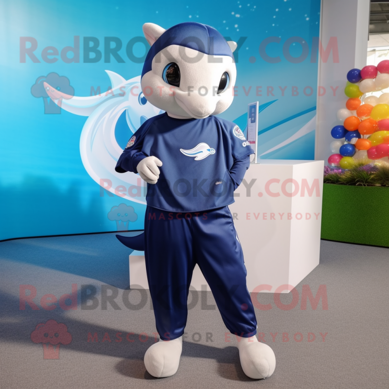 Navy Dolphin mascot costume character dressed with a Joggers and Hairpins