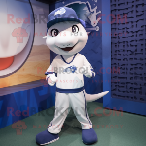 Navy Dolphin mascot costume character dressed with a Joggers and Hairpins