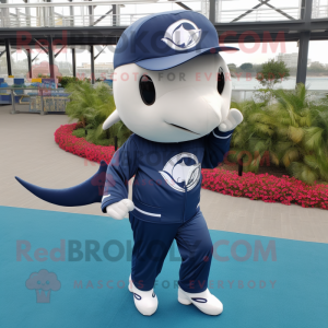 Navy Dolphin mascot costume character dressed with a Joggers and Hairpins