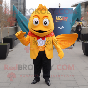 Gold Fish Tacos mascot costume character dressed with a Suit Jacket and Belts